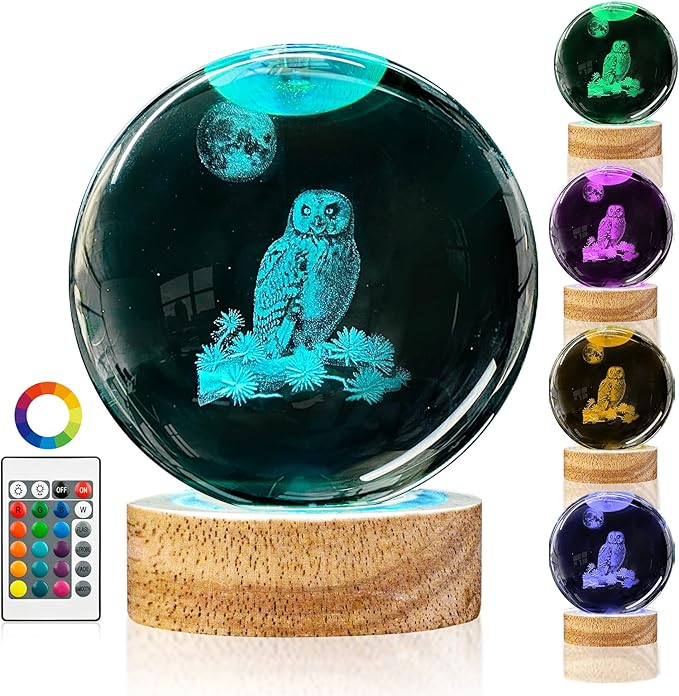 3D Owl Crystal Ball Night Light with Remote Upgraded 3.15 in Owl Figurines Glass Ball Lamp with 16 Color Wooden LED Base Owl Snow Globes Decor Gifts for Kids Teens Women