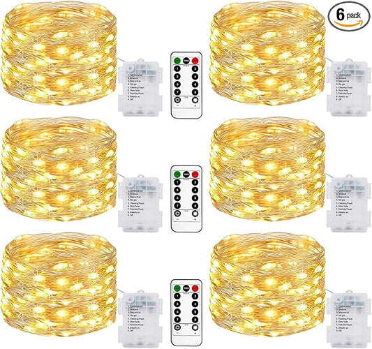 6 Pack 33FT 100 LED Fairy String Lights Battery Operated with Remote and Timer, IP65 Waterproof Battery String Lights, 8 Modes Copper Wire Twinkle Lights for Outdoor Indoor Bedroom Christmas Decor