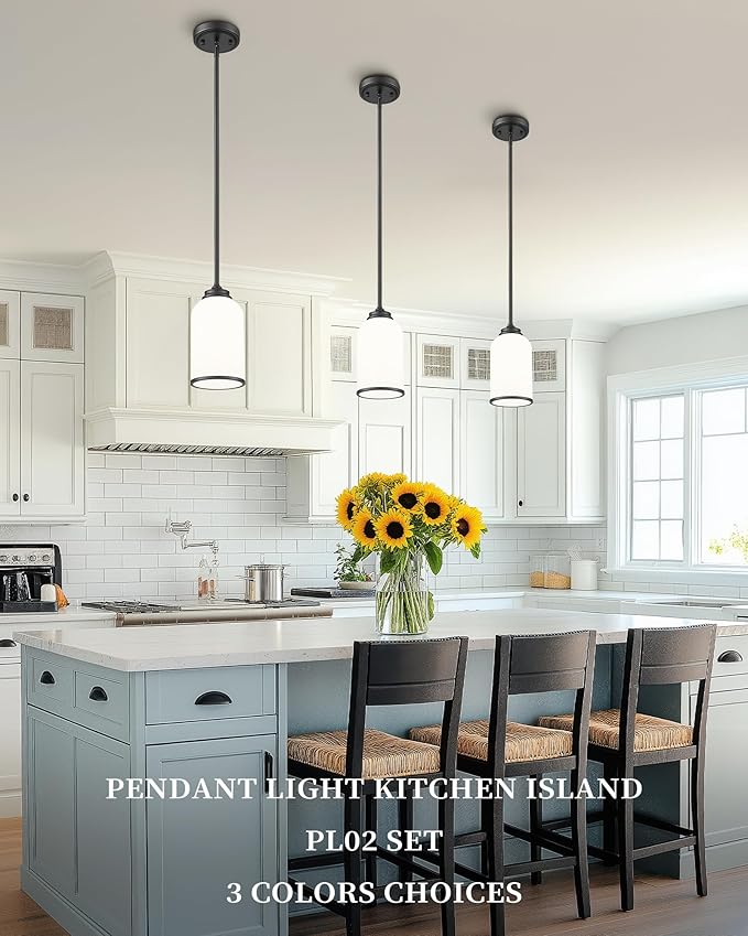 LIROUVET 2 Pack Pendant Lights Kitchen Island, Modern Pendant Lights, Black Hanging Lamp with Milk Glass, Industrial Pendant Light Fixtures for Dining Room PL02 MGBK-2PK