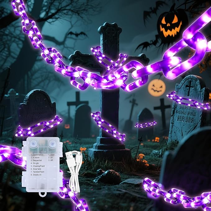 YOUNGAR Halloween Chain String Lights,13.7ft 175LED Battery/USB Operated Plastic Chain Light,Timer Memory with 8 Modes for Haunted House Indoor or Porch, Window, Party Outdoor Decorations (Purple)
