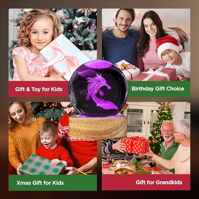 3D Crystal Ball Night Light with 16 Colors - Unique 60mm Axolotl Figurine Glass Ball Lamp with Remote - Cool Axolotl Toy, Room, Desk Decor - Birthday & Christmas Gifts for Boys, Girls, Kids & Friends