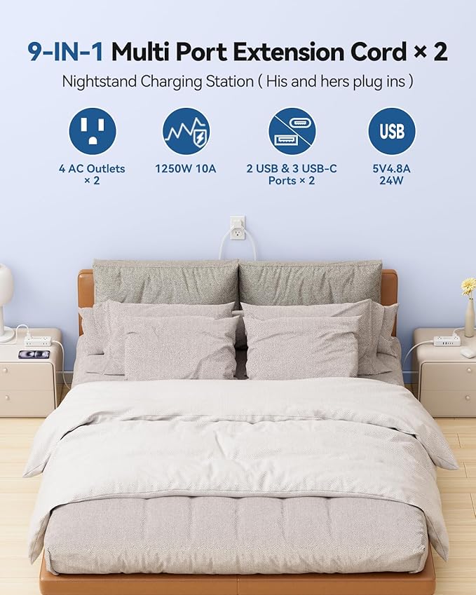 Split Extension Cord 20FT (10FT on Each Side), Single Flat Plug Twin Extension Cord with 4 AC Outlets, 2 USB-A & 3 USB-C(24W/4.8A), Nightstand Charging Station for Bedroom Dorm Room Home, His and Hers