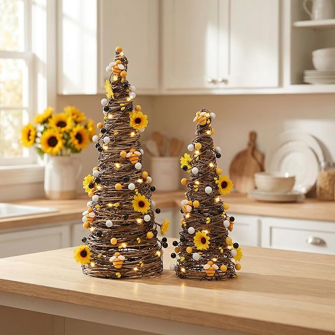 CRCZK Bee Rattan Table Trees with LEDs, Spring Summer Decorations for Home Rustic Farmhouse Bumble Bee Table Centerpiece Decor with Sunflowers Honey&Berries, Bees Kitchen Table Decor