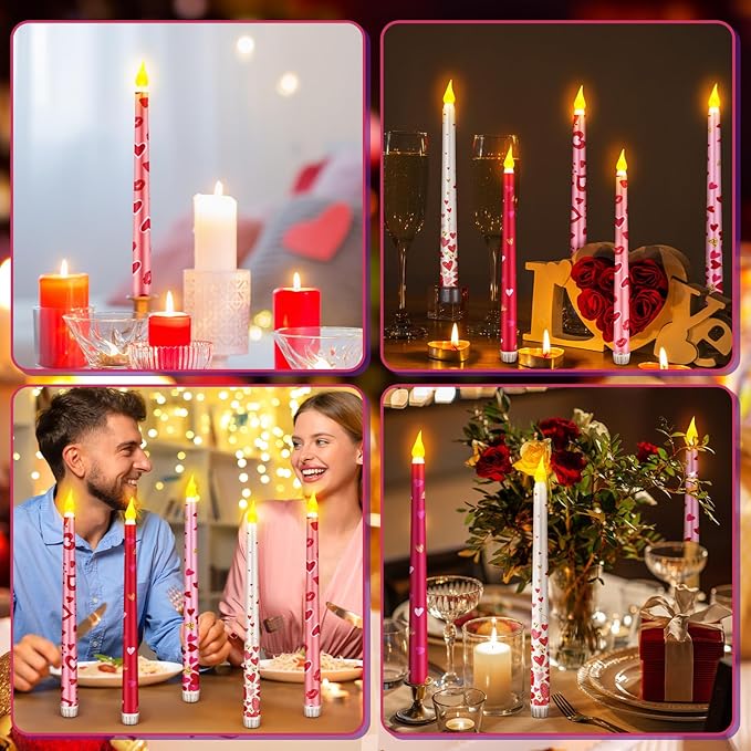 5 Pcs Valentines Day LED Flameless Candle Set Valentine Day Flameless Taper Candles with Heart Battery Operated Seasonal Celebration with Remote for Wedding Romantic Night