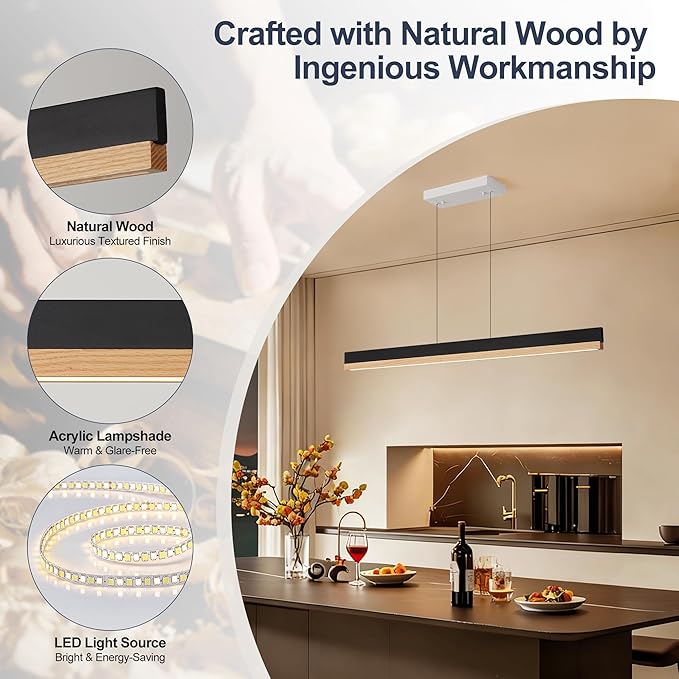 43" Wood Linear Pendant Light, 24W LED Dimmable Hanging Pendant Light, Wood Linear Chandelier with Remote, Modern Pendant Lights Kitchen Island for Dining Room, Bar, Office-Natural