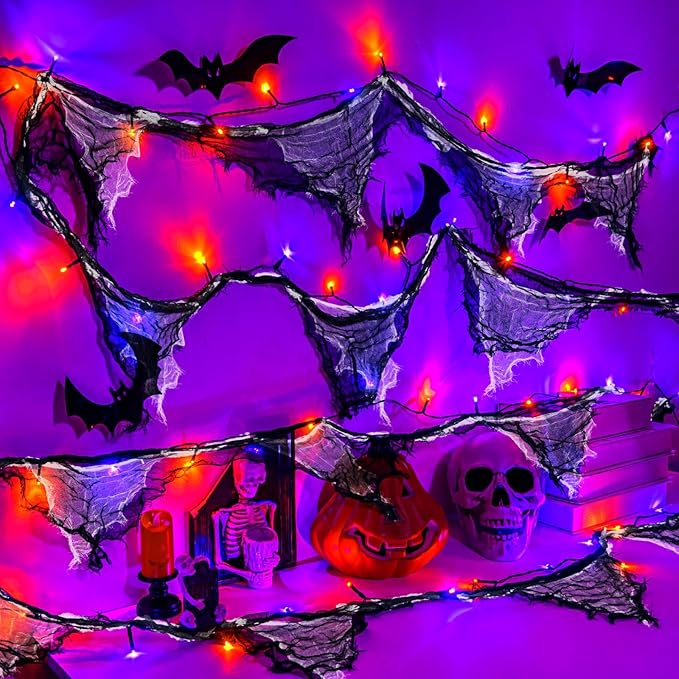 Halloween Lights Battery Operated or USB, Creepy Cloth String Lights with Timer Waterproof 9.8ft 30LED Orange and Purple String Lights Halloween Decortions for Fireplace Window Door Mirror