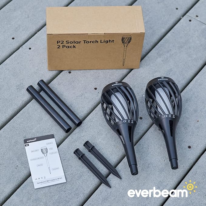 Everbeam P2 Solar Flickering Flame Torch Light - Automatic IP65 Waterproof Solar Tiki Lights with A Stunning Realistic Flame & Distinctive Lampshade - Quick No Tool Installation - 2 Pack