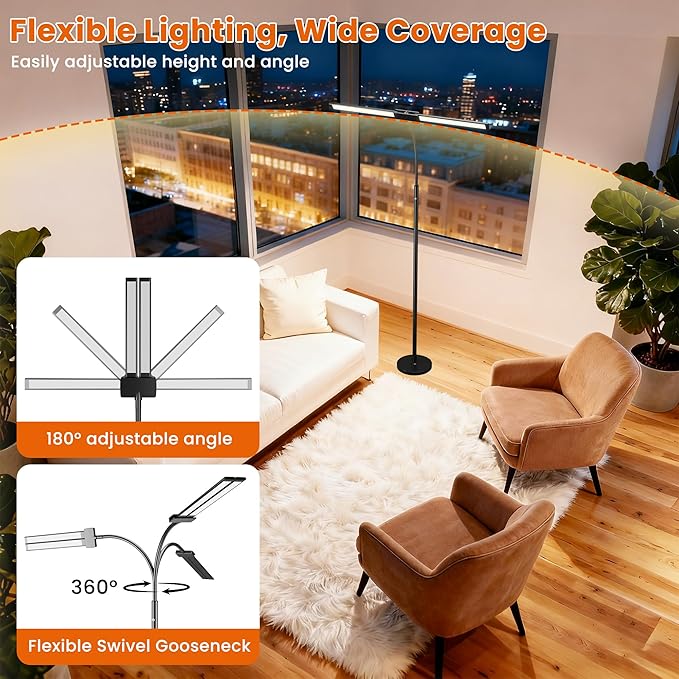 Cordless Floor Lamp LED Rechargeable - 15W Dual Head Adjustable Gooseneck Reading Light, 8000mAh Battery, Touch Control IP54 Waterproof, for Living Room, Bedroom & Emergency Lighting