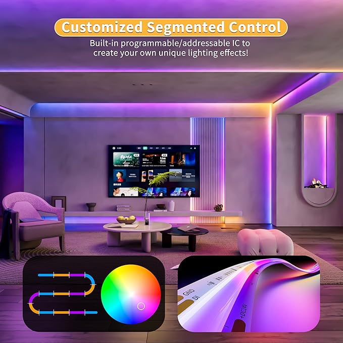 PAUTIX RGB Smart IC COB LED Strip Light Addressable 24ft/7.5m,UL-Listed DC24V Color Flowing Strip Light Multicolor Flexible Tape Lights for TV,Bedroom,Party DIY Decoration(Without Controller&Adapter)