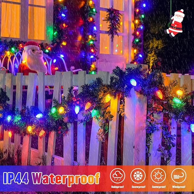 JMEXSUSS 100 LED C9 Christmas Lights Outdoor: 66 FT 8 Modes Plug in Connectable C9 Christmas Tree Lights for Roof Garden House（Multicolor）