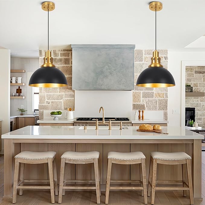 Black Farmhouse Dome Pendant Lights, Vintage Industrial Pendant Light Fixtures, Height Adjustable Pendant Lighting for Kitchen Island, Dining Room Foyer Entryway Bedroom 2-Pack