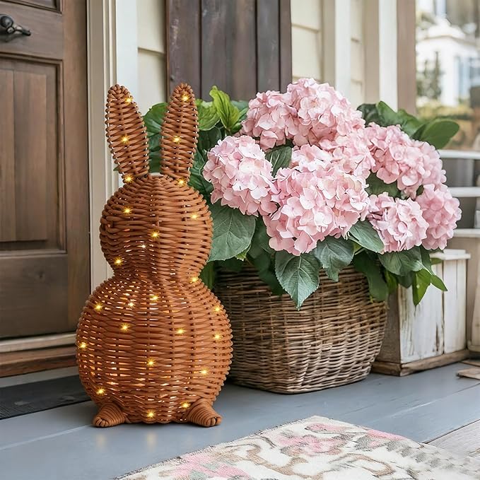 Thyle 1 Pcs Neutral Easter Rattan Bunny Decoration, 13.8 Inch Morden Woven Rabbit Tabletop Centerpiece with 3.28 FT String Light, Rabbit Ornament for Mantel Fireplace Easter Home Tiered Tray Decor