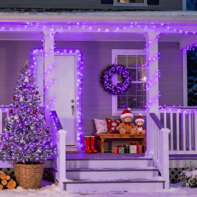 JMEXSUSS 91.5ft 250 LED Purple String Lights Indoor, Connectable 8 Modes Purple Christmas Lights Outdoor Waterproof, Plug-in Clear Wire Christmas String Light for Xmas Bedroom Party Tree Decorations
