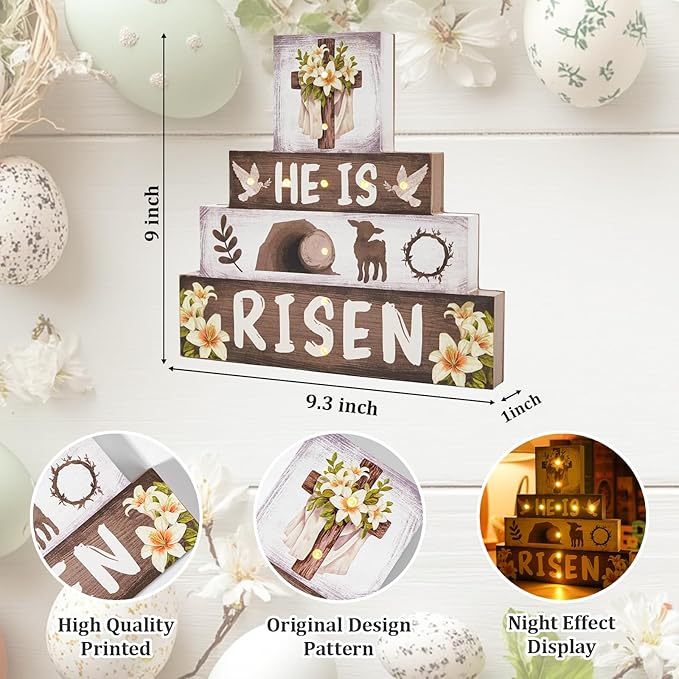 Religious Easter Decorations Indoor - Led Cross Christian Decor He Is Risen Light up Happy Easter Wooden Sign for Table Religious Home Office Indoor Decor 9 × 9 Inch