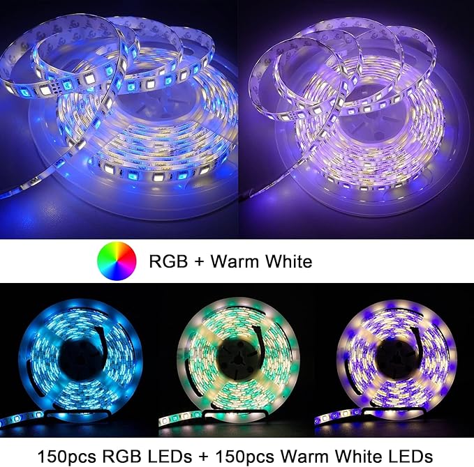 SUPERNIGHT RGBWW LED Strip Light IP65 Waterproof RGB Color Changing Rope Lighting with Warm White 3500K Color 16.4ft 300leds 5050 Tape Light (RGB + Warm White)