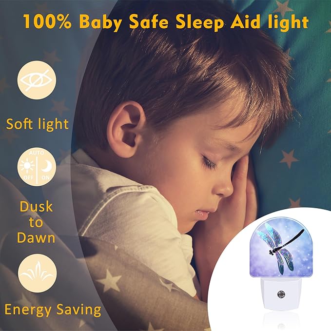 Fantasy Purple Dragonfly Night Light for Kids,Beautiful Glitter Dragonfly Night Light Plug in with Dusk to Dawn Sensor,0.5w Energy Saving Nightlight for Hallway Stairway Kitchen Bedroom