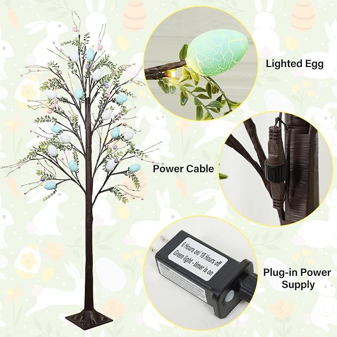DR.DUDU 5FT Lighted Easter Tree with Timer, Easter Decorations for Home & Porch, Pre-Lit Egg Trees with LED Lights & Colorful Eggs, Indoor Outdoor Spring Decor Party & Office Decoration