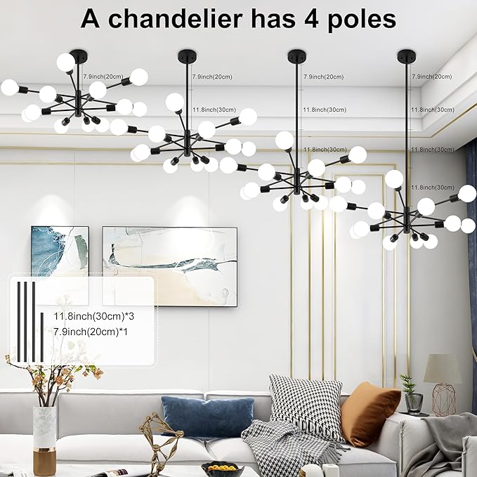 Sputnik Chandelier, Black Modern Chandeliers, Mid Century Ceiling Lighting Fixture for Living Room, Kitchen, Bedroom, Dining Room, Farmhouse (12-Light)