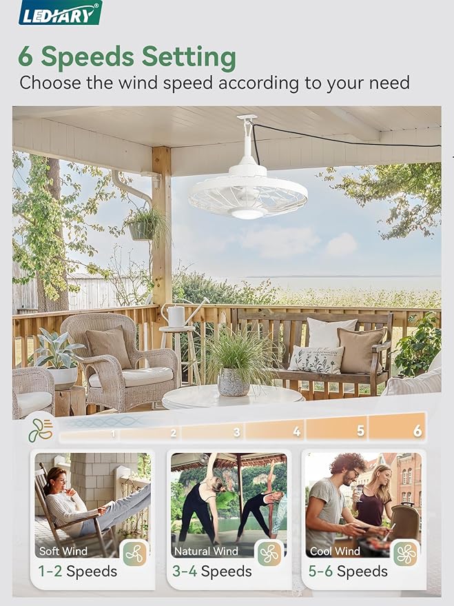 LEDIARY 20" Outdoor Ceiling Fan with Lights,IP65 Waterproof Gazebo Hanging Fan with Remote Control Smart App, Plug in Caged Ceiling Fan with 3CCT 6-Speeds for Patio Porch Pergola(White)
