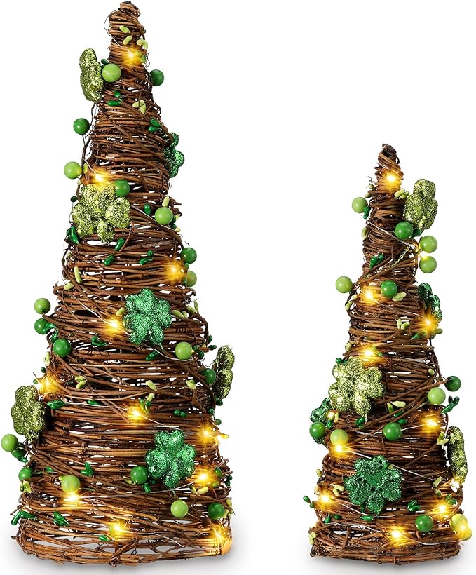 Soulchen 2 Pcs St. Patrick's Day Rattan Cone Tree Table Centerpieces Decorative Rattan Table Tree with Shamrock and Berries LED Lights for Irish Home Shelf Festival Indoor Outdoor Party Decoration