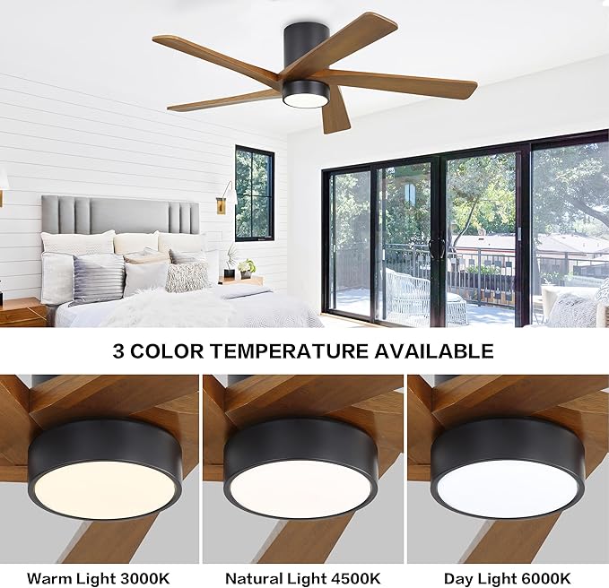 WINGBO 54 Inch Flush Mount DC Ceiling Fan with Lights and Remote, 5 Reversible Carved Wood Blades, 6-Speed Noiseless DC Motor, Hugger Ceiling Fan in Matte Black Finish with Walnut Blades, ETL Listed