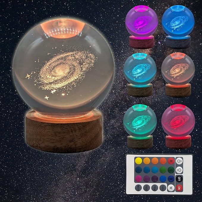 3D Galaxy Crystal Ball Night Light & Planet Lamp - 3.15" Glass Sphere, Automatic Color Change with 16 Colors & 4 Modes - Ideal Decorative Gift for Boy Girls Friends (2-Galaxy, 3.15" (Inch))