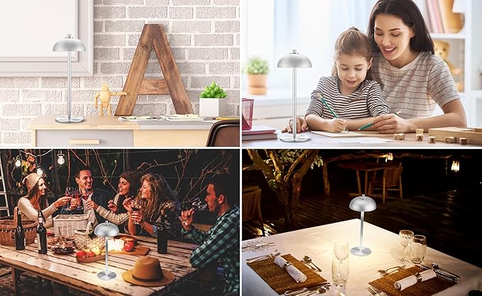2 Pack Cordless Table Lamp, 5000mAh Portable Rechargeable Table Lamp, 3 Color Modes Stepless Dimming Table Light with Memory Function, for Dinner, Patio, Home, Restaurant.(Sliver)