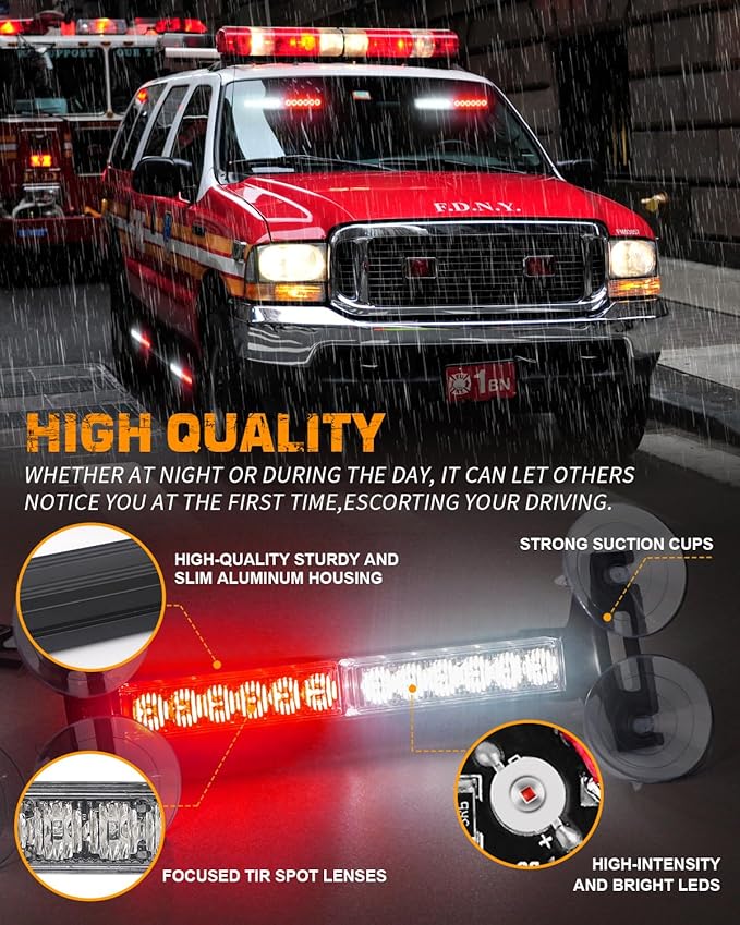 XRIDONSEN 2x 10.7 inch Red White Emergency Lights 24 LED Strobe Warning Flashing Safety Dash Side Window Front/Rear Windshield First Responder Lights for Volunteer Firefighter Vehicles POV Trucks