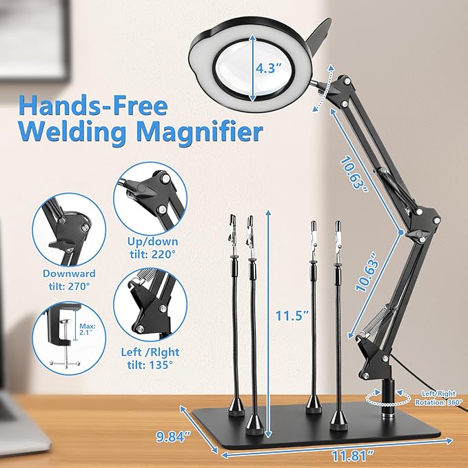 Helping Hands Soldering Station with Light and Stand, 4.3" 10X Soldering Magnifying Glass with 4 Flexible Helping Arms, 5 Color Mode, 10 Dimmable Levels for Electronics Repair, Jewelry, Hobby