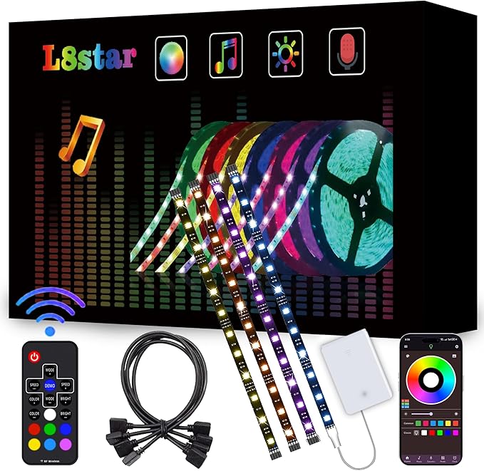 L8star Battery Powered Led Strip Lights 6.56ft, 4 Pre-Cut 1.64ft USB/Battery Operated RGB 60 LED Lights Color Changing 5050 LED Accent Kit with RF Remote, Connectors for TV, Home, DIY Decoration