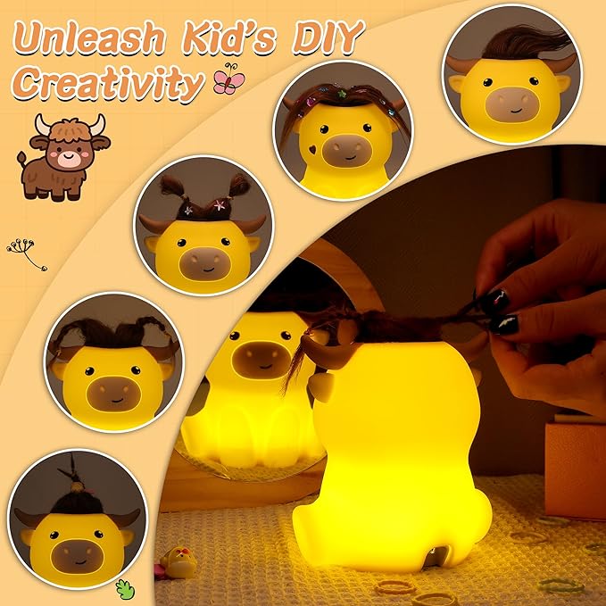 Highland Cow Night Light, Fluffy Cow Squisy Lamp for Kids, Soft Silicone Animal Nightlamp with 2 Levels Dimmable & 20 Mins Timer, Rechargeable LED Light Gifts for Baby Boys Girls