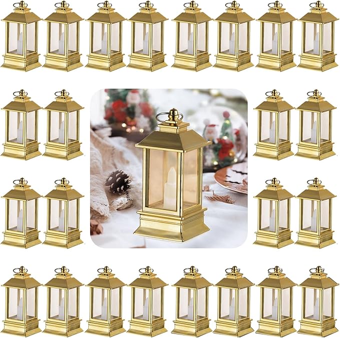 Gold Lanterns Decorative Indoor: 24 Pcs Mini Lanterns for Wedding Table Centerpieces Small Battery Powered LED Lights Bulk for Party Christmas Decor