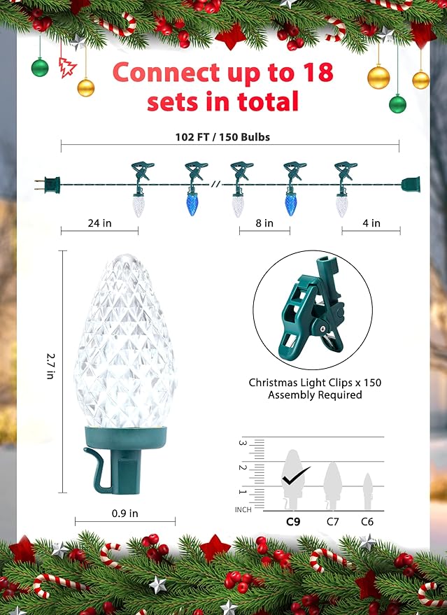 C9 LED Christmas Lights Outdoor, 99 Feet 150 LED String With 150 Spring Clips, Waterproof Connectable Christmas Tree Lights for Outside Roofline Patio Home Xmas Decor, Blue & Pure White