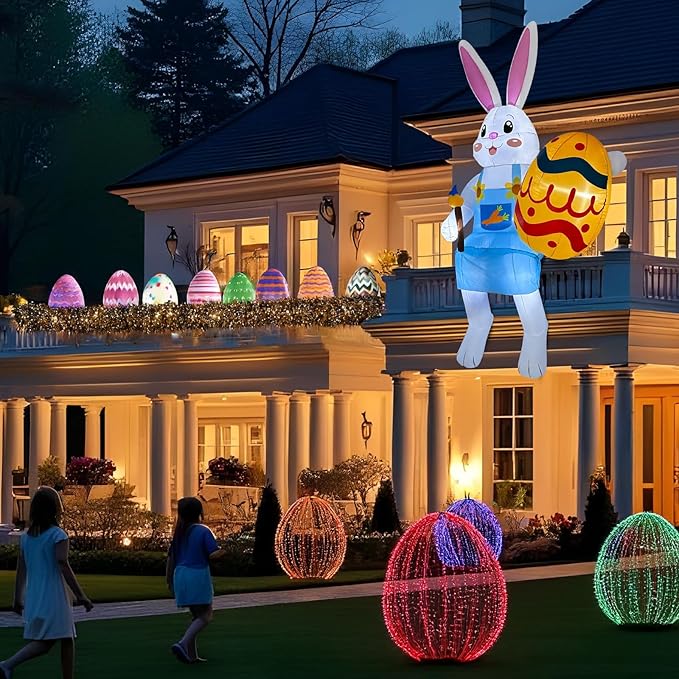 8FT Easter Inflatables Outdoor Decorations Sitting Inflatable Bunny Decor, Inflatable Eggs Decor with LED, Easter Blow Ups for Outside Roof Yard Shop Garden