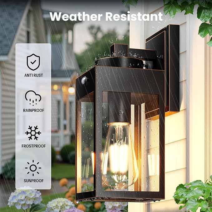 Gleamz 2-Pack Motion Sensor Porch Lights Outdoor, Dusk to Dawn Modern Black Gold Trim Exterior Light Fixtures Wall Mount for House, H11'' Waterproof Outdoor Wall Sconces for Garage, Coach, Entryway