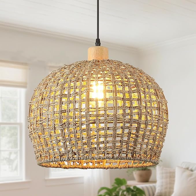 Rattan Pendant Lights Kitchen Island, 16" Wicker Hand-Woven Light Fixture Coastal Lighting Hanging Ceiling Boho Large Chandelier for Restaurants Living Dining Room Farmhouse