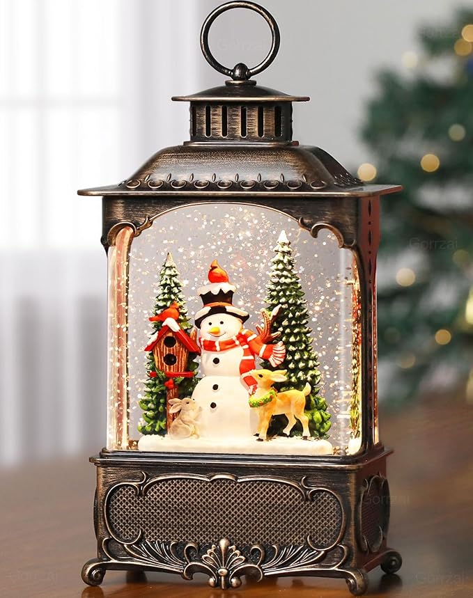 Christmas Snow Globes Snowman Snow Globe Lantern, Lighted Christmas Decorations Indoor with Music Timer Swirling Glitter, Light Up Deer Cardinal Rabbit Musical Decor, USB or Battery Operated