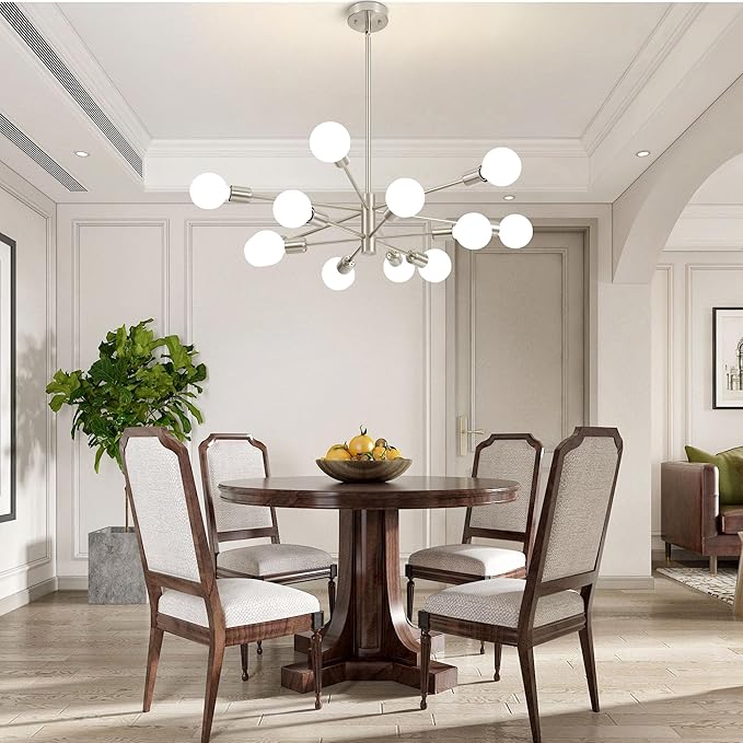 Sputnik Chandelier Modern Brushed Nickel Chandeliers 12-Light Mid Century Ceiling Lighting Fixture for Living Room, Kitchen, Bedroom, Dining Room, and Farmhouse