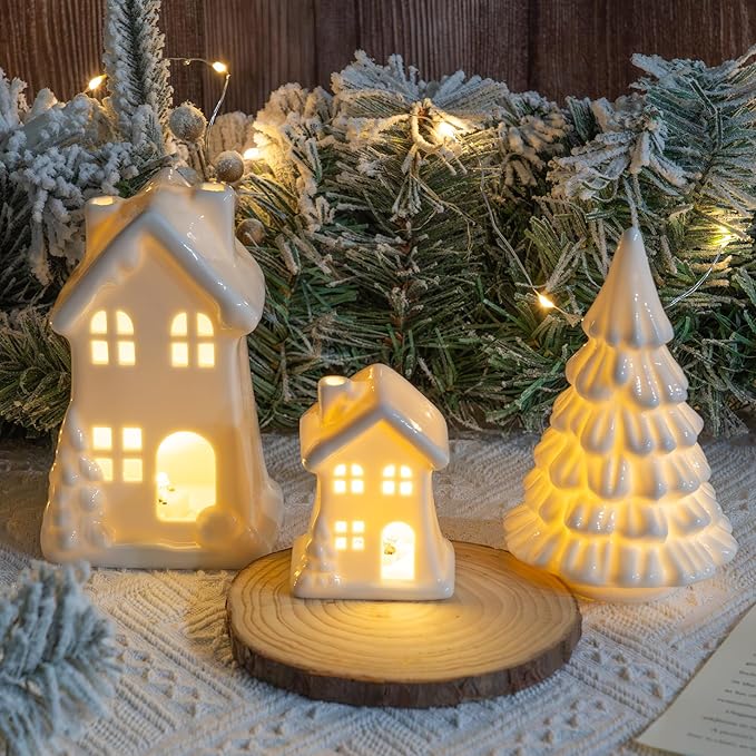 NEROSUN Ceramic Christmas Village Houses, 3Pcs LED Lighted Porcelain White Small House and Xmas Tree Tabletop Figurines, Light Up Christmas Decorations for Home Shelf Cabinet Table Winter Decor
