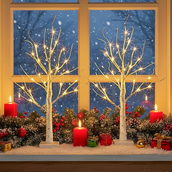 EAMBRITE Lighted Birch Tree Easter Decorations for Home, 2Pack 24 LED Battery Operated/USB Tabletop Mini Small Artificial White Trees with Lights for Christmas Indoor Table Mantel Spring Decor (2FT)