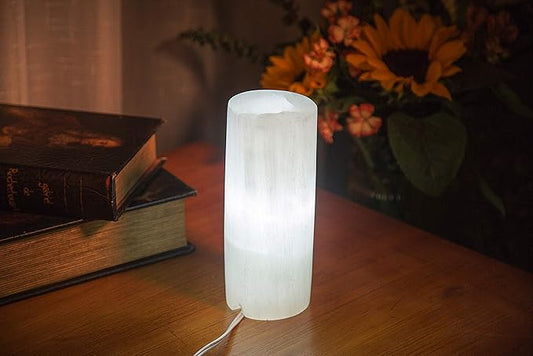 AMOYSTONE White Selenite Electric Lamp Natural Gemstones Crystals Light 3-4 lbs with Cord and Led Bulb Cylindrical 7"