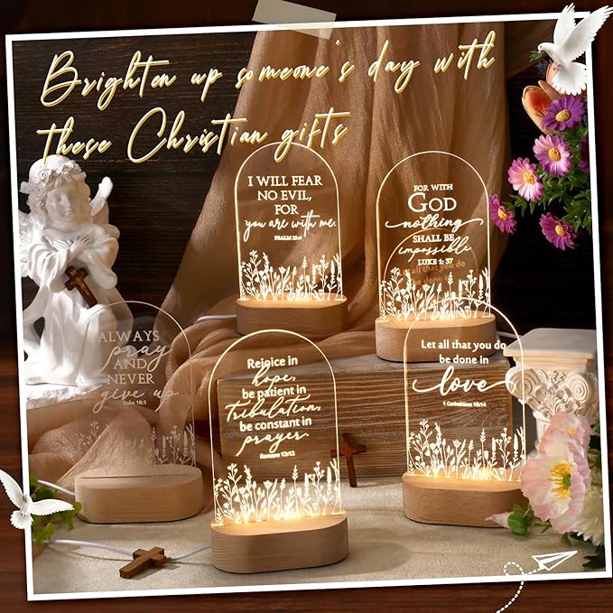 10 Pcs Christian Acrylic Night Light Bulk Mothers Day Religious Faith Church Gifts for Women Ladies Group Bible Verse Scripture LED Lamp with Wood Base for Easter Decor Men Clergy Pastor
