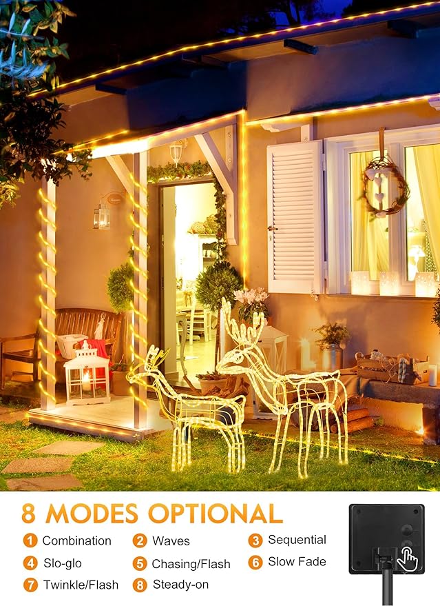 Brightown Solar Rope Lights Outdoor 2 Pack 39 Feet 100 Led Waterproof Solar Powered String Lights with 8 Lighting Modes,Copper Wire PVC Tube Lights for Garden Wedding Party DIY Decor (Warm White)