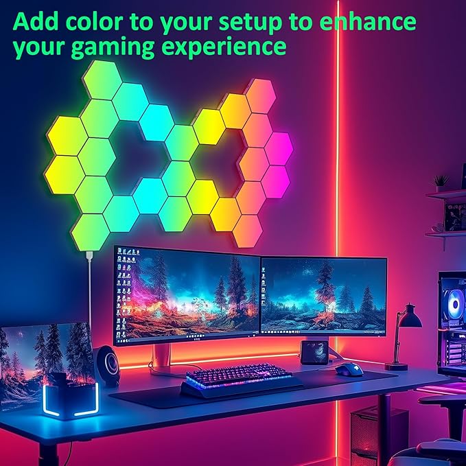 Large Hexagon Lights 8 Pack LED Gaming Panel - RGB Led Hex Light Panels Remote & App Control Geometry Night Lamp DIY Hexagon Smart Wall Lights Sync to Music for Room Bar Decor Gaming Setup