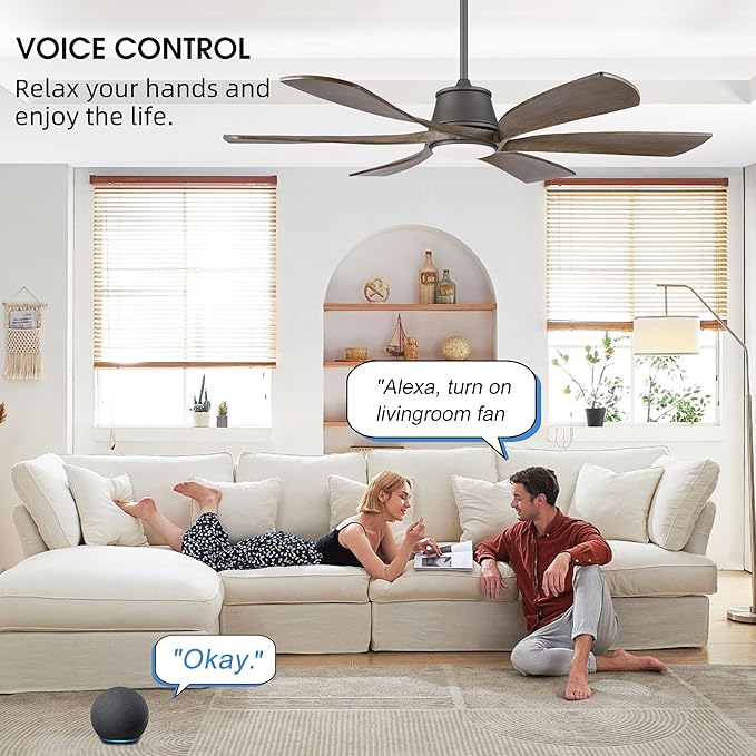 WINGBO 60" Smart Ceiling Fan with Light, Dimmable LED Light, 6-Speed Remote/APP/Voice Control, Solid Blades Fan for Bedroom/Living Room/Shop Compatible with Alexa or Google Assistant Wood Color