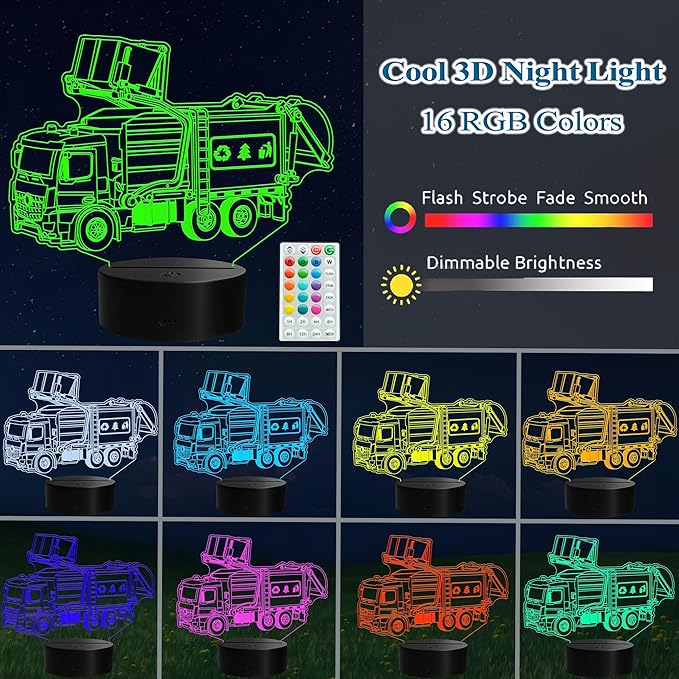 Garbage Truck Night Light, Garbage Truck Gifts, 3D Illusion Lamp with Remote Control, 16 RGB Colors, 4 Flashing Modes, Timer, Dimmable, Trash Truck Gifts Room Decoration for Holiday Birthday Christmas
