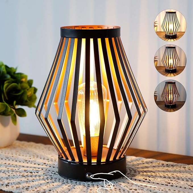 JHY DESIGN Set of 2 Dimmable Bedside Table Lamp 8.5''H Rechargeable Metal Cage Lantern with LED Edison Style Bulb Cordless Accent Lamp for Weddings Parties Patio Events for Indoors Outdoors