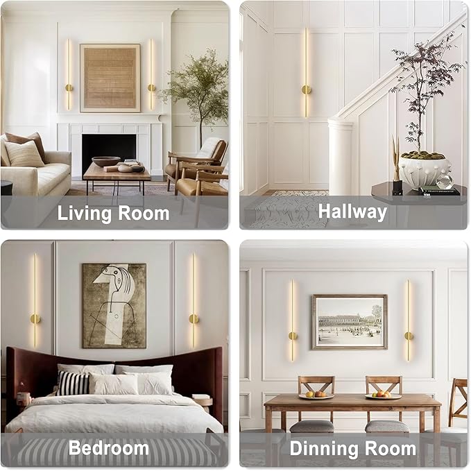 Motion Sensor Battery Operated Wall Sconce Set of Two - Modern Rechargeable Wireless Wall Lights with Remote Control, Dimmable, 3000K/4000K/6000K, Timer for Living Room, Hallway, Gold, 39.3 Inch