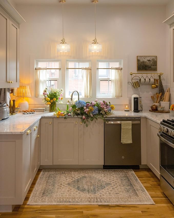 Pendant Light 2 Pack with Clear Striped Glass Lmapshade, Brass Vintage Pendant Light Adjustable Hanging Light for Kitchen Island Dining Room Hallway