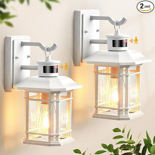 VIANIS Outdoor Motion Lights for House, 2-Pack Dusk to Dawn Outdoor Lanterns for Front Porch Waterproof, Anti-Rust Aluminum Exterior Wall Sconce with Tempered Water Glass for Garage Entrance Entryway